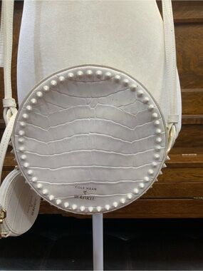Cole Haan Cream Round Croc-Embossed Studded Crossbody Bag